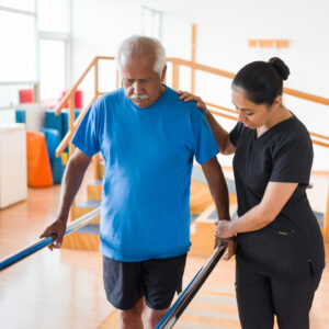 A female nurse helping a senior man to walk in the parallel bars.